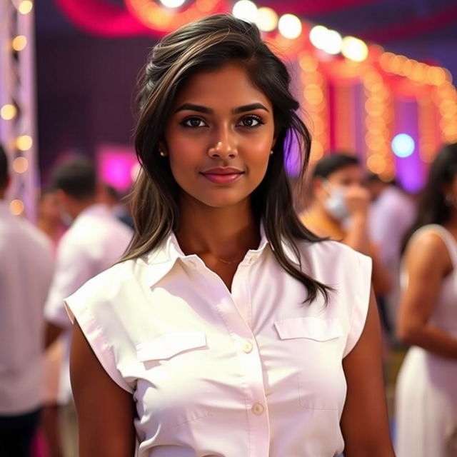 A very pretty Indian woman, aged 25, wearing a white sleeveless shirt with buttons and a matching skirt, standing at an event