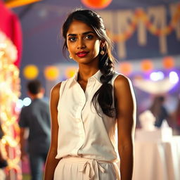 A full body shot of a very pretty Indian woman, aged 25, wearing a white sleeveless shirt with buttons and a matching shirt skirt, standing at an event