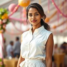 A full body shot of a very pretty Indian woman, aged 25, wearing a white sleeveless shirt with buttons and a matching shirt skirt, standing at an event