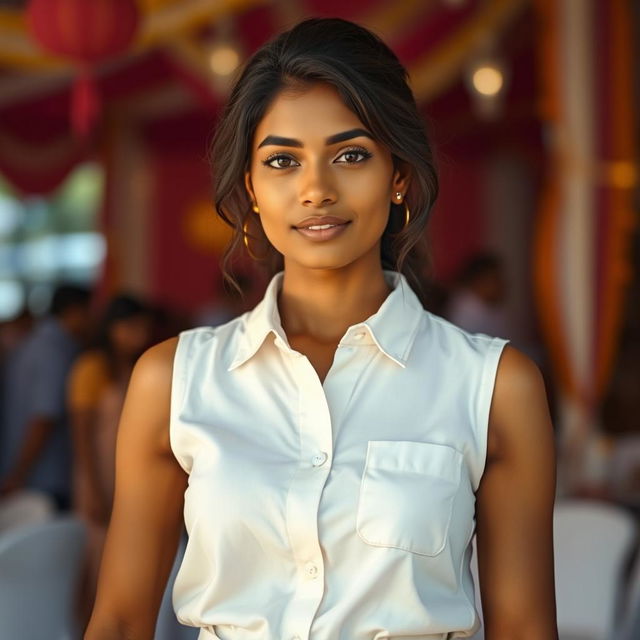 A full body shot of a very pretty Indian woman, aged 25, wearing a white sleeveless shirt with buttons and a matching shirt skirt, standing at an event