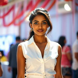 A full body shot of a very pretty Indian woman, aged 25, wearing a white sleeveless shirt with buttons and a matching shirt skirt, standing at an event