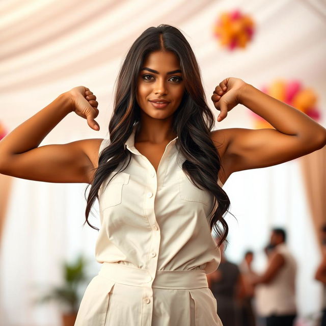 A full body shot of a very pretty Indian woman, aged 25, standing at an event