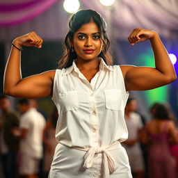 A full body shot of a very pretty Indian woman, aged 25, standing at an event