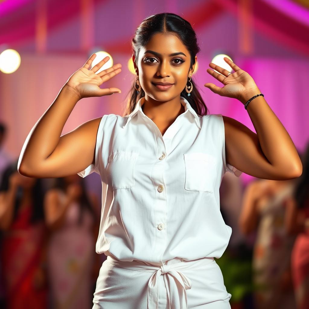 A full body shot of a very pretty Indian woman, aged 25, standing at an event