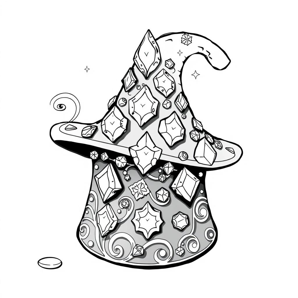 A black-and-white coloring page illustration featuring a small magical hat from a fantasy world