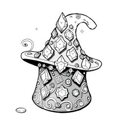 A black-and-white coloring page illustration featuring a small magical hat from a fantasy world