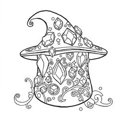 A black-and-white coloring page illustration featuring a small magical hat from a fantasy world