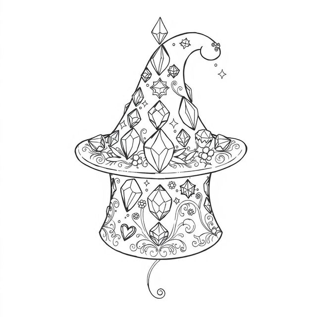 A black-and-white coloring page illustration featuring a small magical hat from a fantasy world