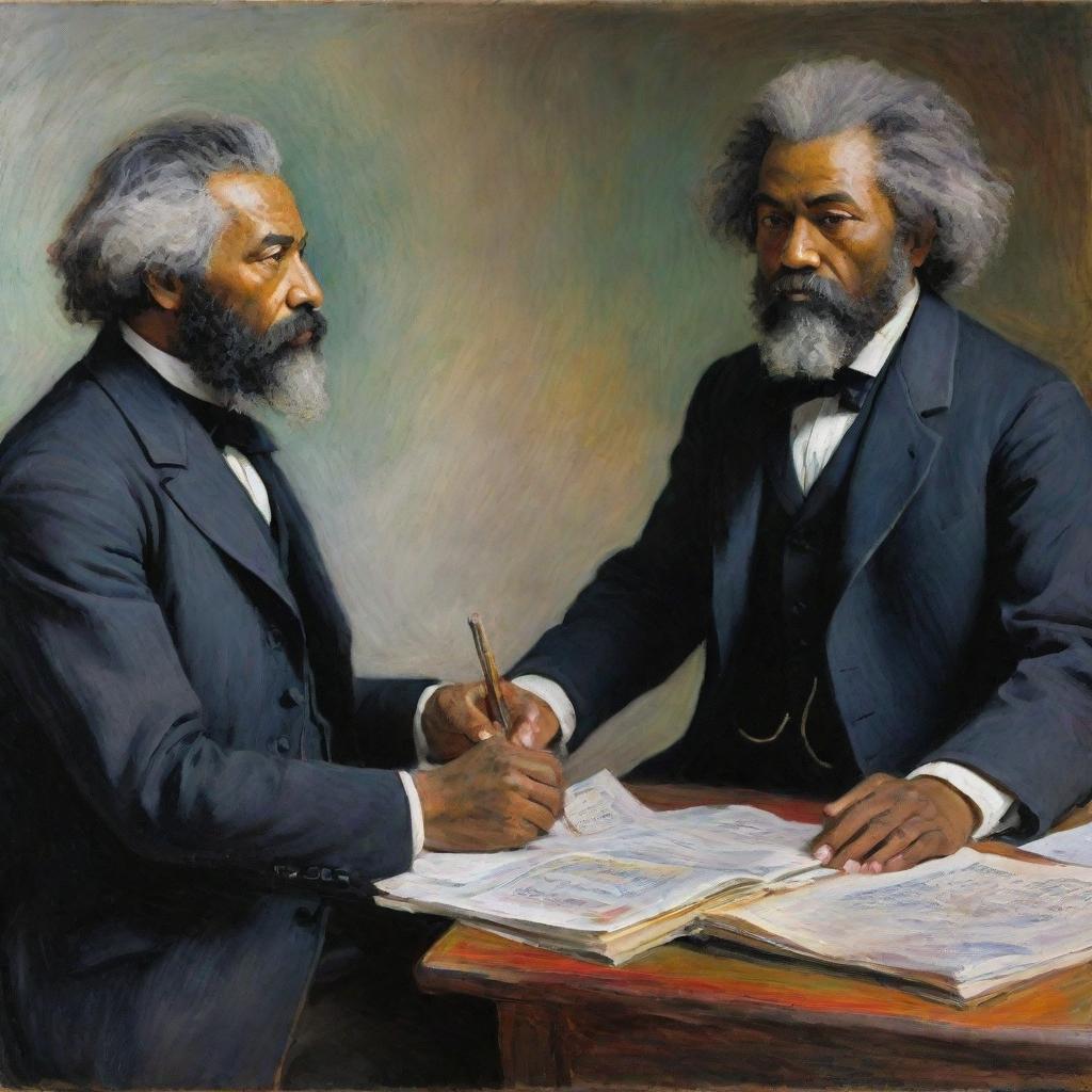 Create an artwork in Claude Monet's style depicting Frederick Douglass in an intense debate with a counterpart. Their vibrant body language and fervent expressions, represented in impressionistic strokes, truly embody the dynamic intellectual engagement between them.