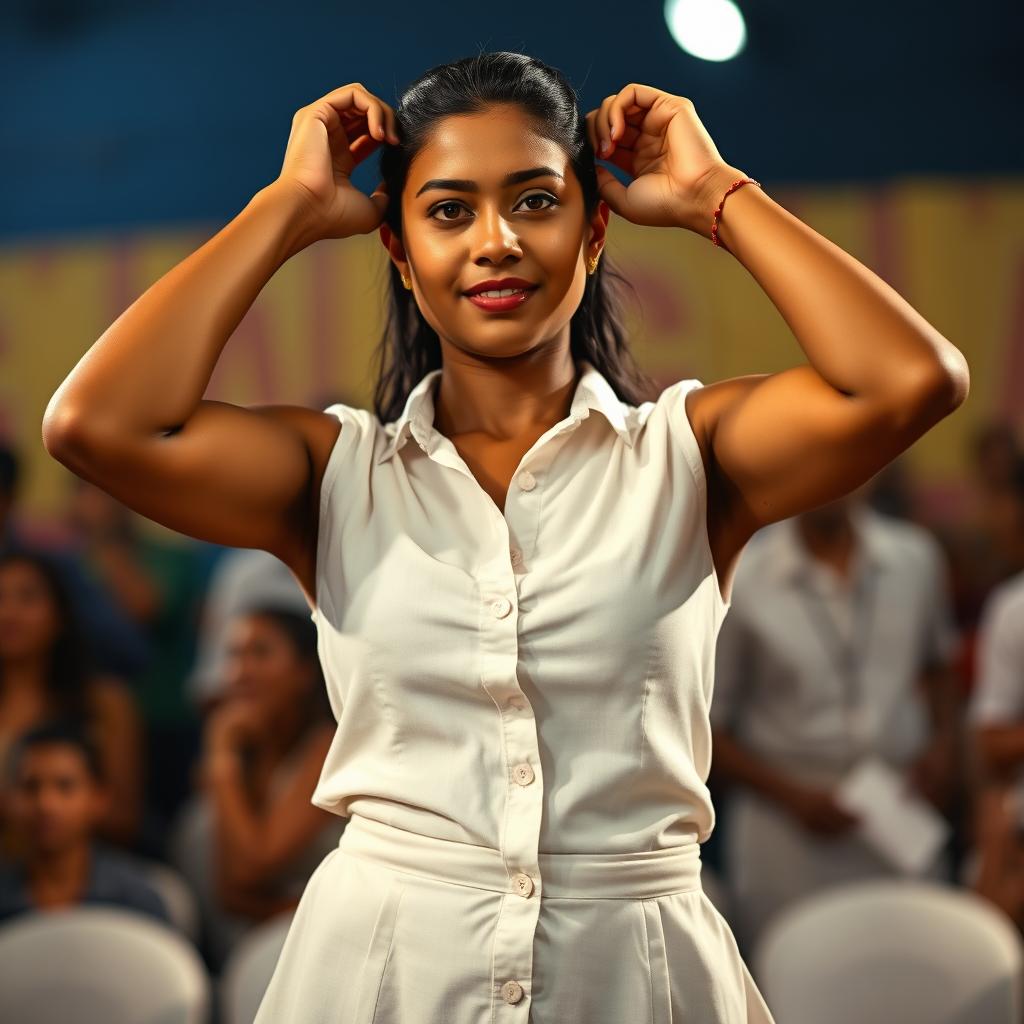 A full body shot of a very pretty Indian woman, aged 25, standing at an event