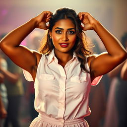 A full body shot of a very pretty Indian woman, aged 25, standing at an event
