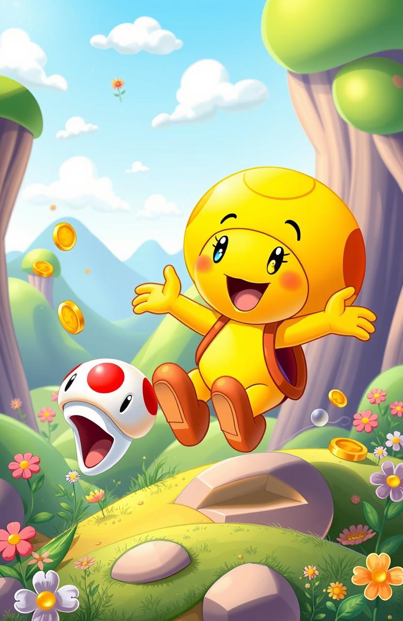 A whimsical adventure scene featuring Yellow Toad, a character from the Mario franchise, embarking on an epic odyssey