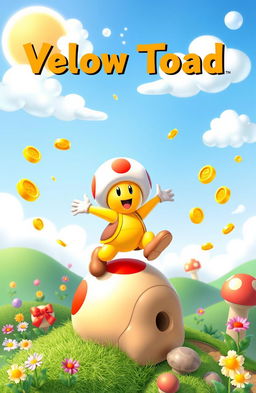 A whimsical adventure scene featuring Yellow Toad, a character from the Mario franchise, embarking on an epic odyssey