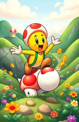 A whimsical adventure scene featuring Yellow Toad, a character from the Mario franchise, embarking on an epic odyssey