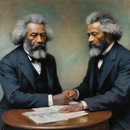 Create an artwork in Claude Monet's style depicting Frederick Douglass in an intense debate with a counterpart. Their vibrant body language and fervent expressions, represented in impressionistic strokes, truly embody the dynamic intellectual engagement between them.