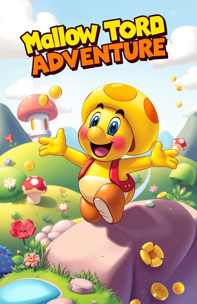 A whimsical adventure scene featuring Yellow Toad, a character from the Mario franchise, embarking on an epic odyssey