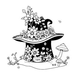 A black-and-white coloring page illustration featuring a single magical hat from a fantasy world