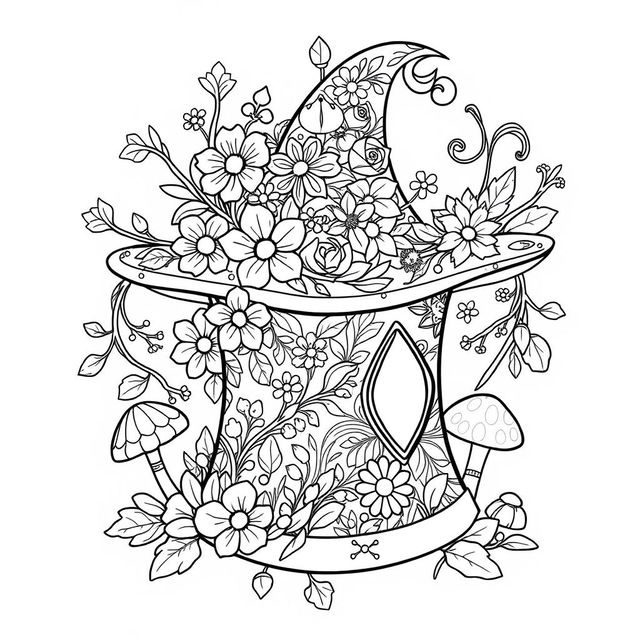 A black-and-white coloring page illustration featuring a single magical hat from a fantasy world