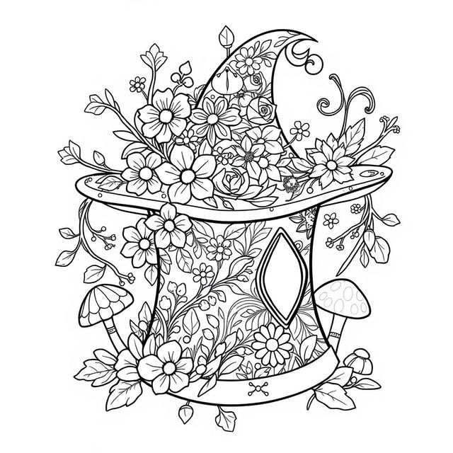 A black-and-white coloring page illustration featuring a single magical hat from a fantasy world