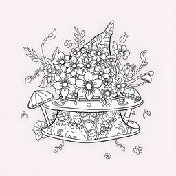 A black-and-white coloring page illustration featuring a single magical hat from a fantasy world
