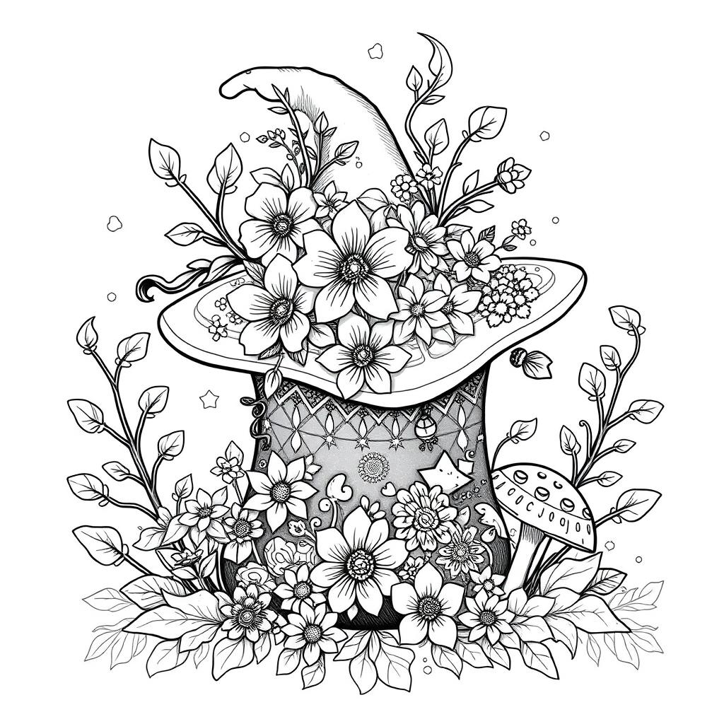 A black-and-white coloring page illustration featuring a single magical hat from a fantasy world