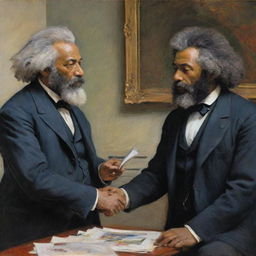 Create an artwork in Claude Monet's style depicting Frederick Douglass in an intense debate with a counterpart. Their vibrant body language and fervent expressions, represented in impressionistic strokes, truly embody the dynamic intellectual engagement between them.