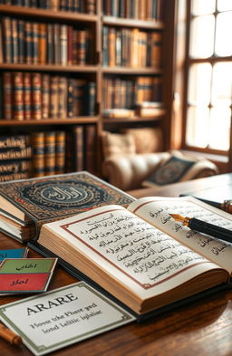 A beautifully crafted Arabic language book sitting on a wooden desk, with ornate calligraphy on the cover and delicate gold leaf detailing