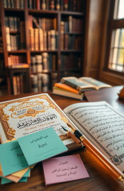A beautifully crafted Arabic language book sitting on a wooden desk, with ornate calligraphy on the cover and delicate gold leaf detailing