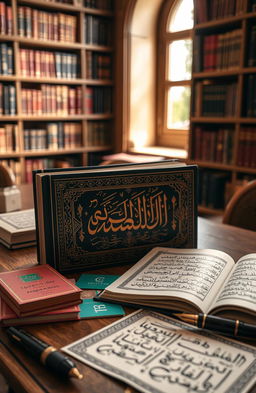 A beautifully crafted Arabic language book sitting on a wooden desk, with ornate calligraphy on the cover and delicate gold leaf detailing