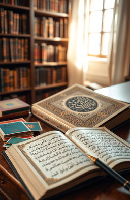 A beautifully crafted Arabic language book sitting on a wooden desk, with ornate calligraphy on the cover and delicate gold leaf detailing