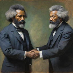 Create an artwork in Claude Monet's style depicting Frederick Douglass in an intense debate with a counterpart. Their vibrant body language and fervent expressions, represented in impressionistic strokes, truly embody the dynamic intellectual engagement between them.