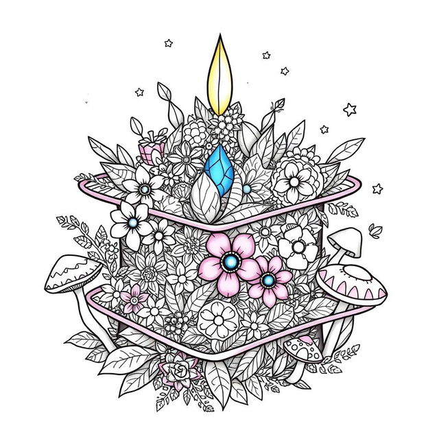 A whimsical coloring page illustration featuring a magical square-shaped hat from a fantasy world