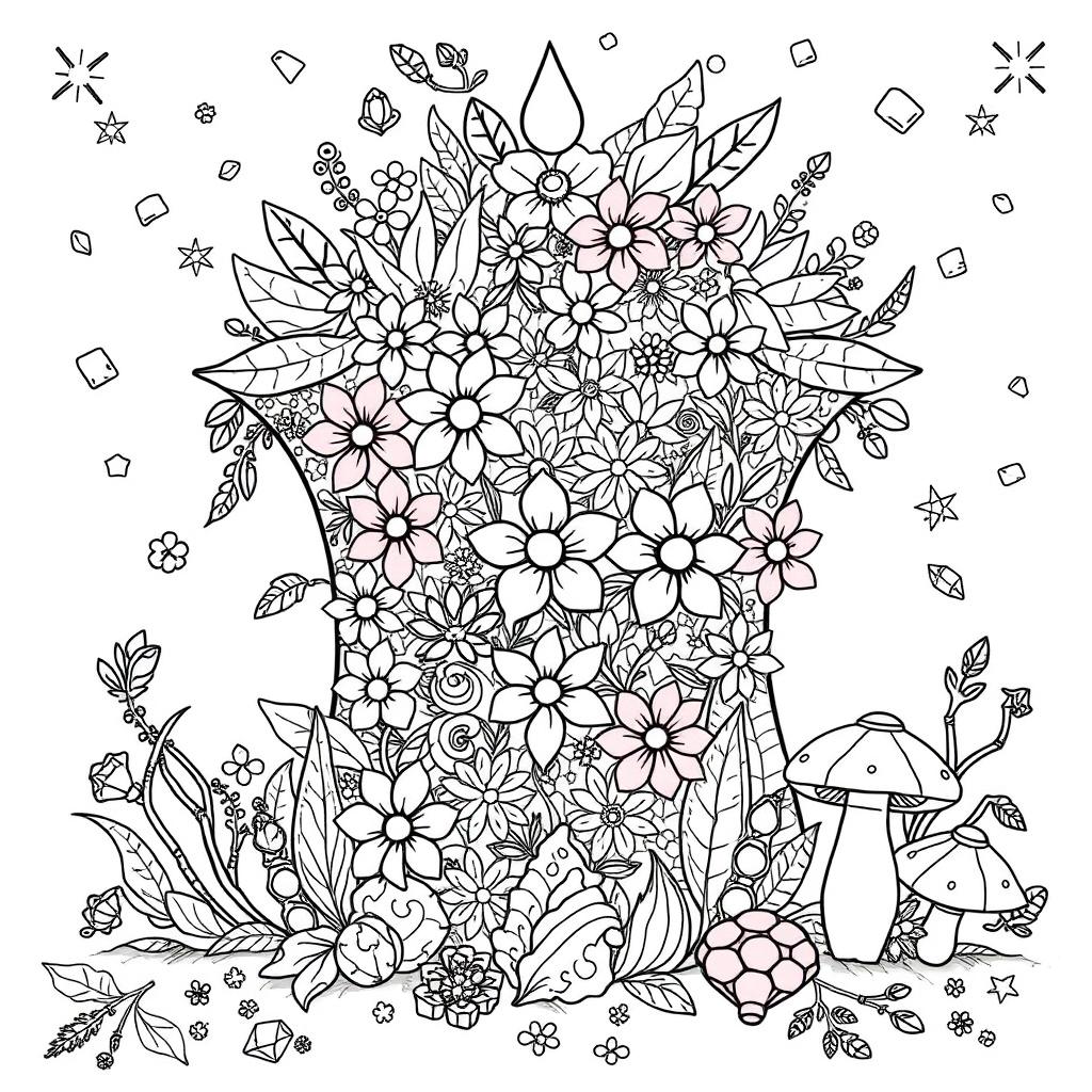 A whimsical coloring page illustration featuring a magical square-shaped hat from a fantasy world