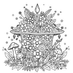 A whimsical coloring page illustration featuring a magical square-shaped hat from a fantasy world