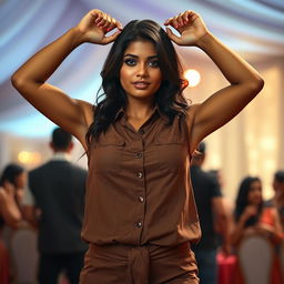 A full body shot of a very beautiful Indian woman, aged 25, at an event