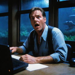 Revise the image to portray a panicked Jurassic Park guard urgently using a phone in the blue-lit computer room to contact John Hammond, who's shocked facial expression is visible in the restaurant beyond the rain-streaked window.