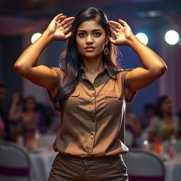 A full body shot of a very beautiful Indian woman, aged 25, at an event