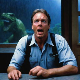 Revise the image to portray a panicked Jurassic Park guard urgently using a phone in the blue-lit computer room to contact John Hammond, who's shocked facial expression is visible in the restaurant beyond the rain-streaked window.