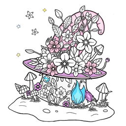 A unique and imaginative coloring page illustration featuring a magical hat from a fantasy world