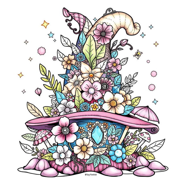 A unique and imaginative coloring page illustration featuring a magical hat from a fantasy world