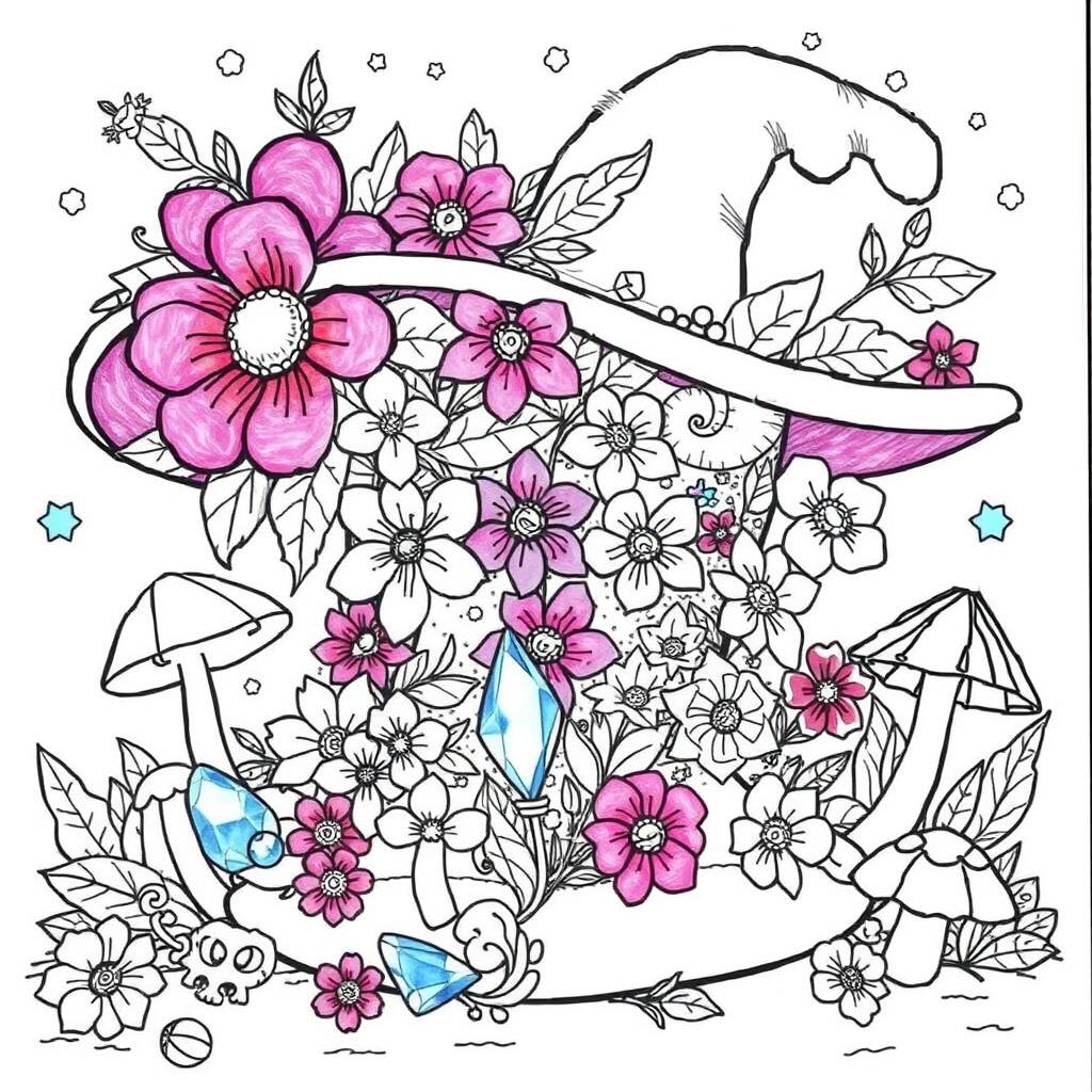 A unique and imaginative coloring page illustration featuring a magical hat from a fantasy world