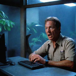 Revise the image to portray a panicked Jurassic Park guard urgently using a phone in the blue-lit computer room to contact John Hammond, who's shocked facial expression is visible in the restaurant beyond the rain-streaked window.