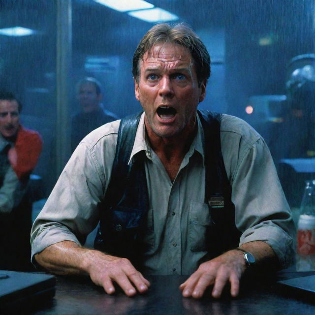 Revise the image to portray a panicked Jurassic Park guard urgently using a phone in the blue-lit computer room to contact John Hammond, who's shocked facial expression is visible in the restaurant beyond the rain-streaked window.