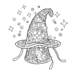 A whimsical coloring page illustration featuring a single, unique, and imaginative magical hat from a fantasy world