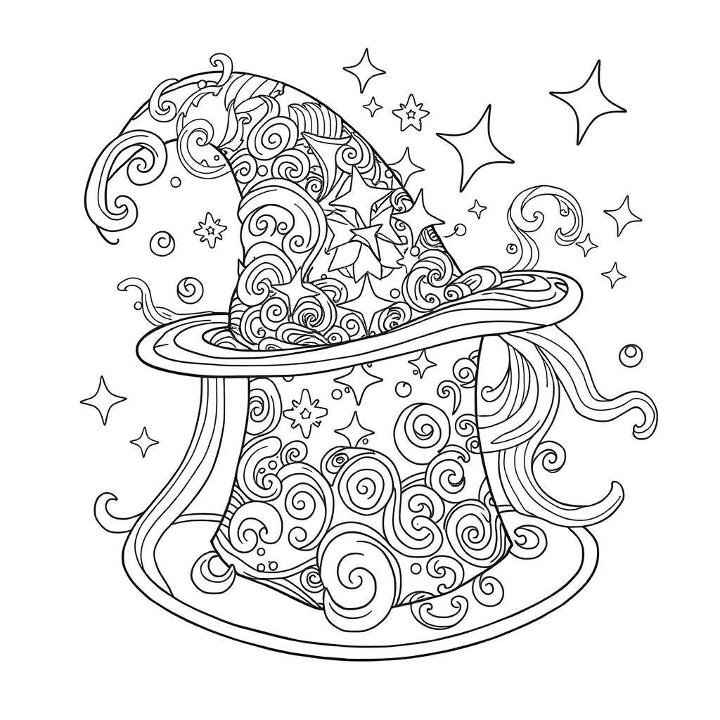 A whimsical coloring page illustration featuring a single, unique, and imaginative magical hat from a fantasy world