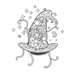 A whimsical coloring page illustration featuring a single, unique, and imaginative magical hat from a fantasy world