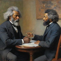 In Claude Monet's impressionistic style, portray Frederick Douglass in deep debate with another person. The energetic exchange is highlighted with vibrant strokes, facial expressions, and body language that communicates the fervor of their discussion.