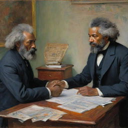 In Claude Monet's impressionistic style, portray Frederick Douglass in deep debate with another person. The energetic exchange is highlighted with vibrant strokes, facial expressions, and body language that communicates the fervor of their discussion.