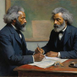 In Claude Monet's impressionistic style, portray Frederick Douglass in deep debate with another person. The energetic exchange is highlighted with vibrant strokes, facial expressions, and body language that communicates the fervor of their discussion.