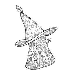 A delightful coloring page illustration featuring a single magical hat from a whimsical fantasy world